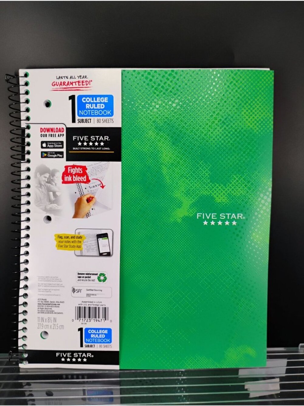 Five Star 1-Subject College Ruled Notebook 80 Sheets Green Durable